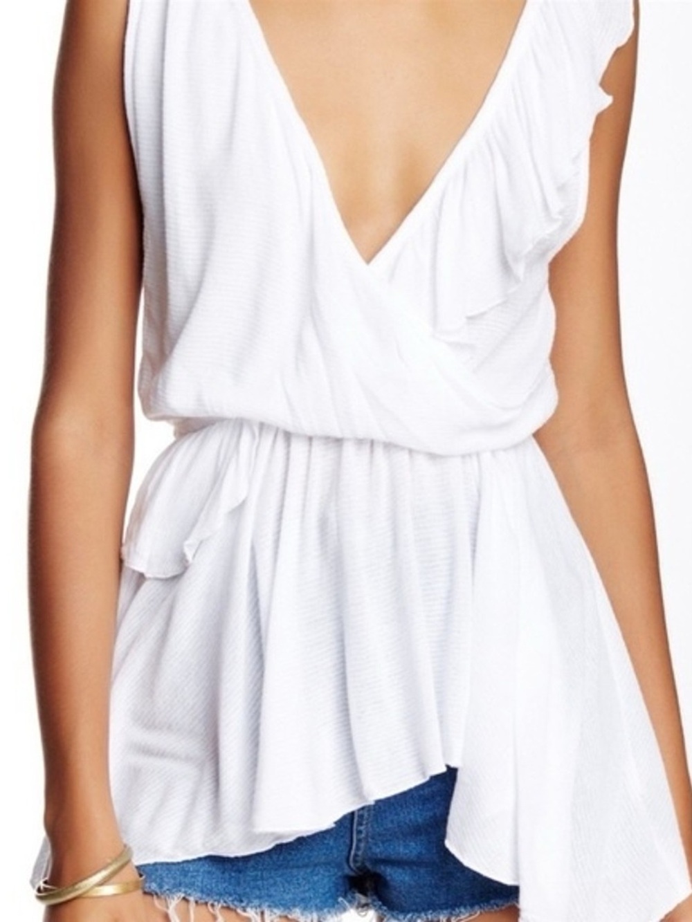 Free People Float Away White Asymmetrical Ruffle Wrap Tank
